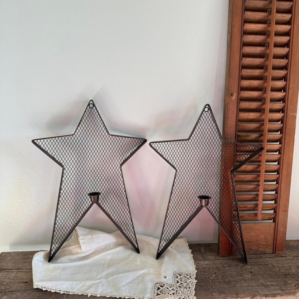 Rustic Metal Mesh Star Wall Sconce Taper Candle Holder Set Dark Bronze Primitive